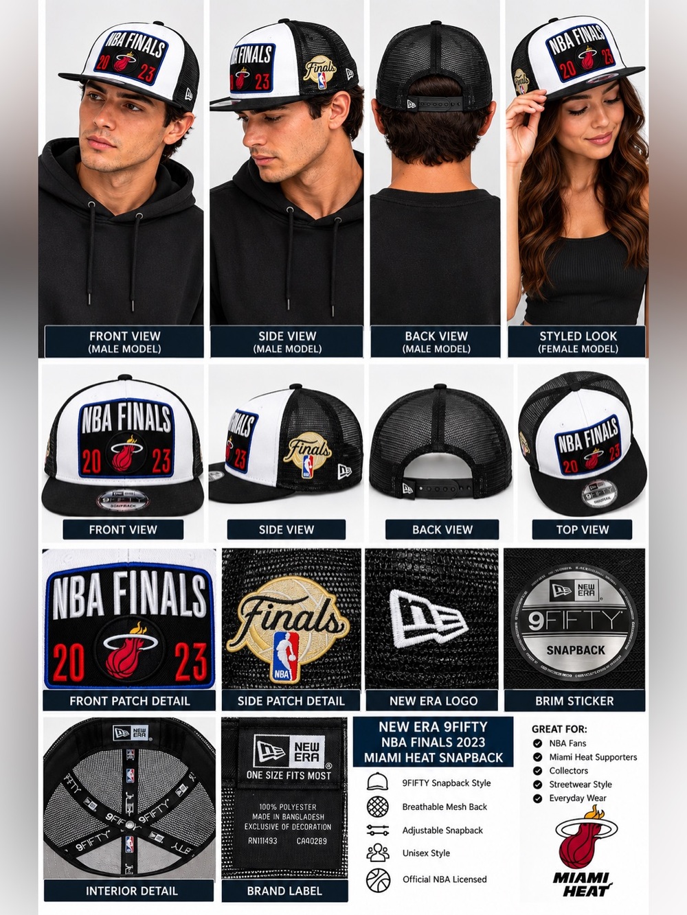 New Era 9FIFTY Miami Heat 2023 NBA Finals Snapback Trucker Hat Black White